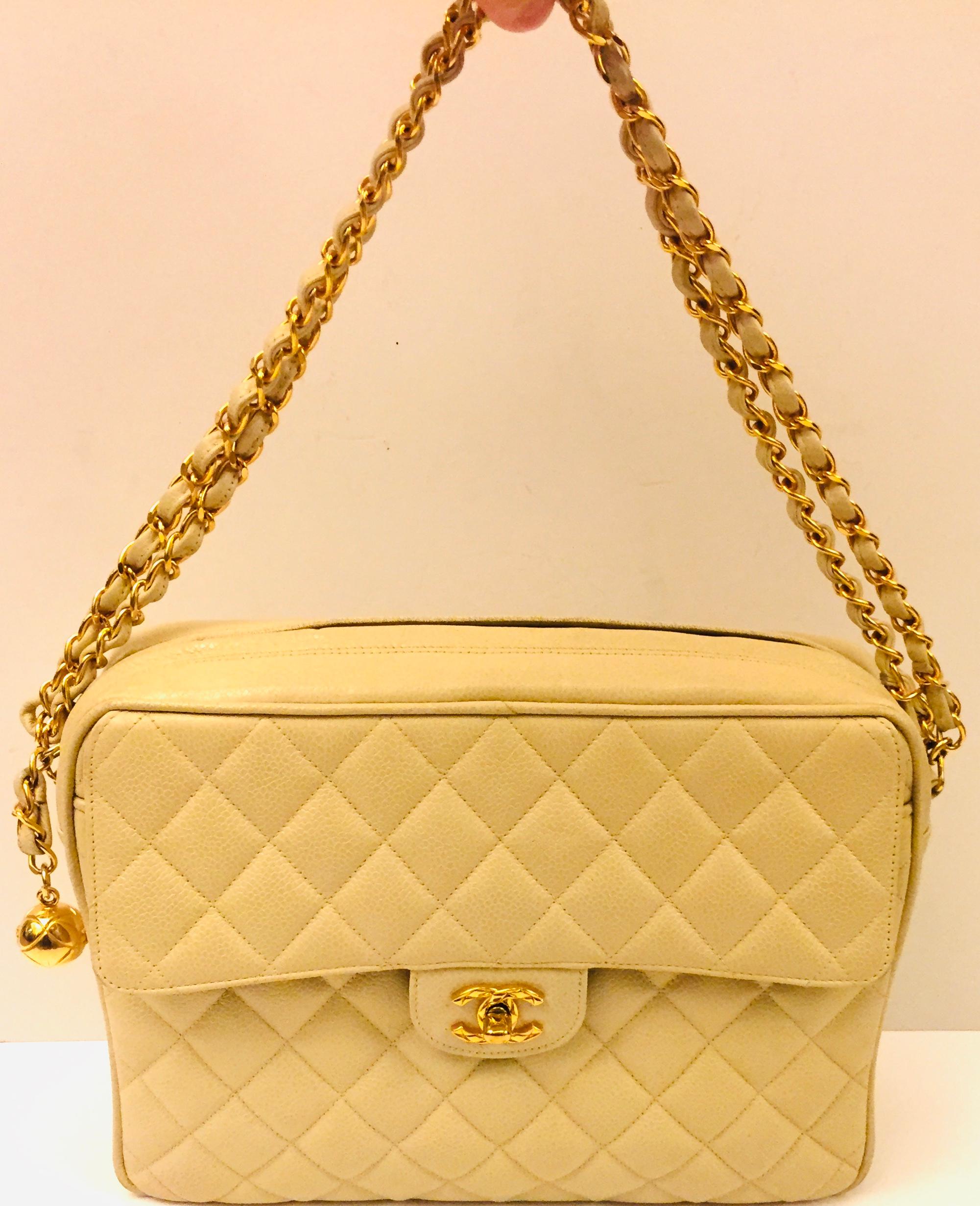 Chanel Off White Caviar Double Chain Handbag For Sale 1