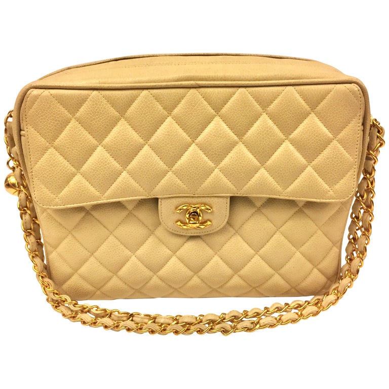 Chanel Beige Caviar Double Chain Handbag For Sale