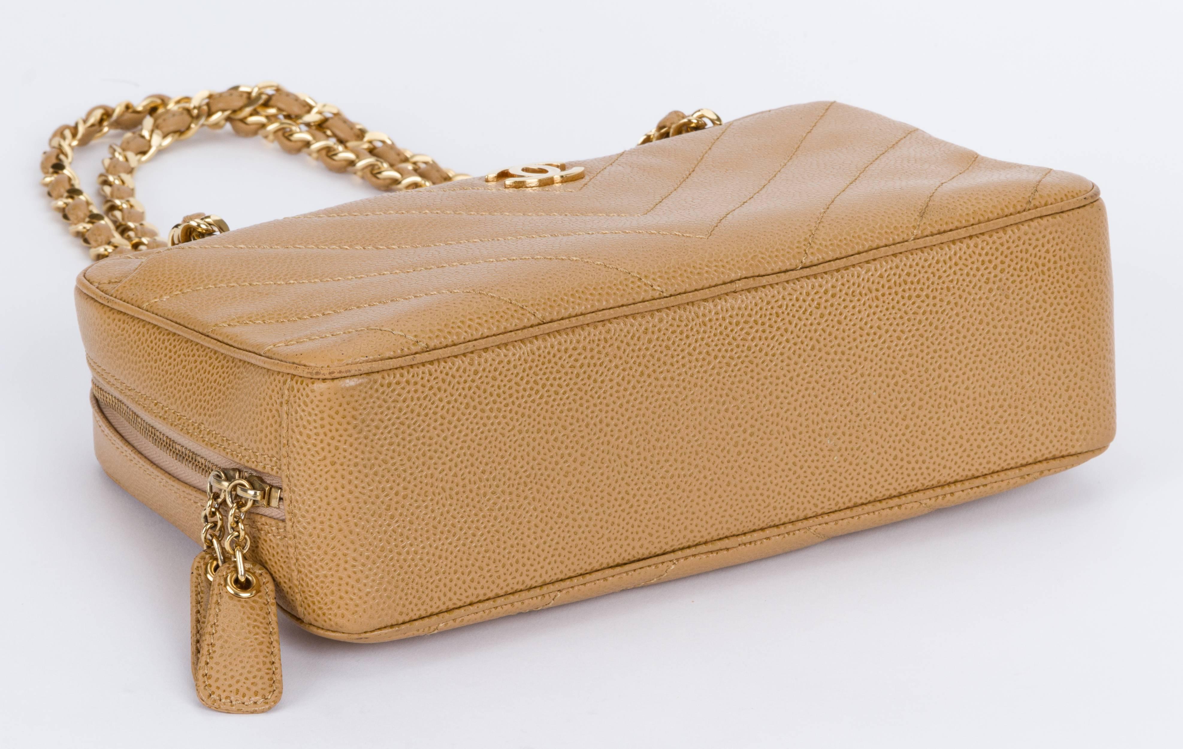 Women's Chanel Beige Caviar Gold Chevron Handbag