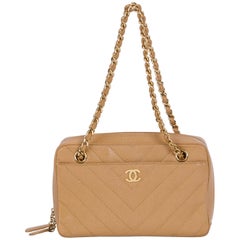 Chanel Beige Caviar Gold Chevron Handbag