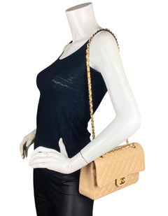 Chanel Beige Caviar Leather 10" Medium Double Flap Classic Bag Goldtone Hardware