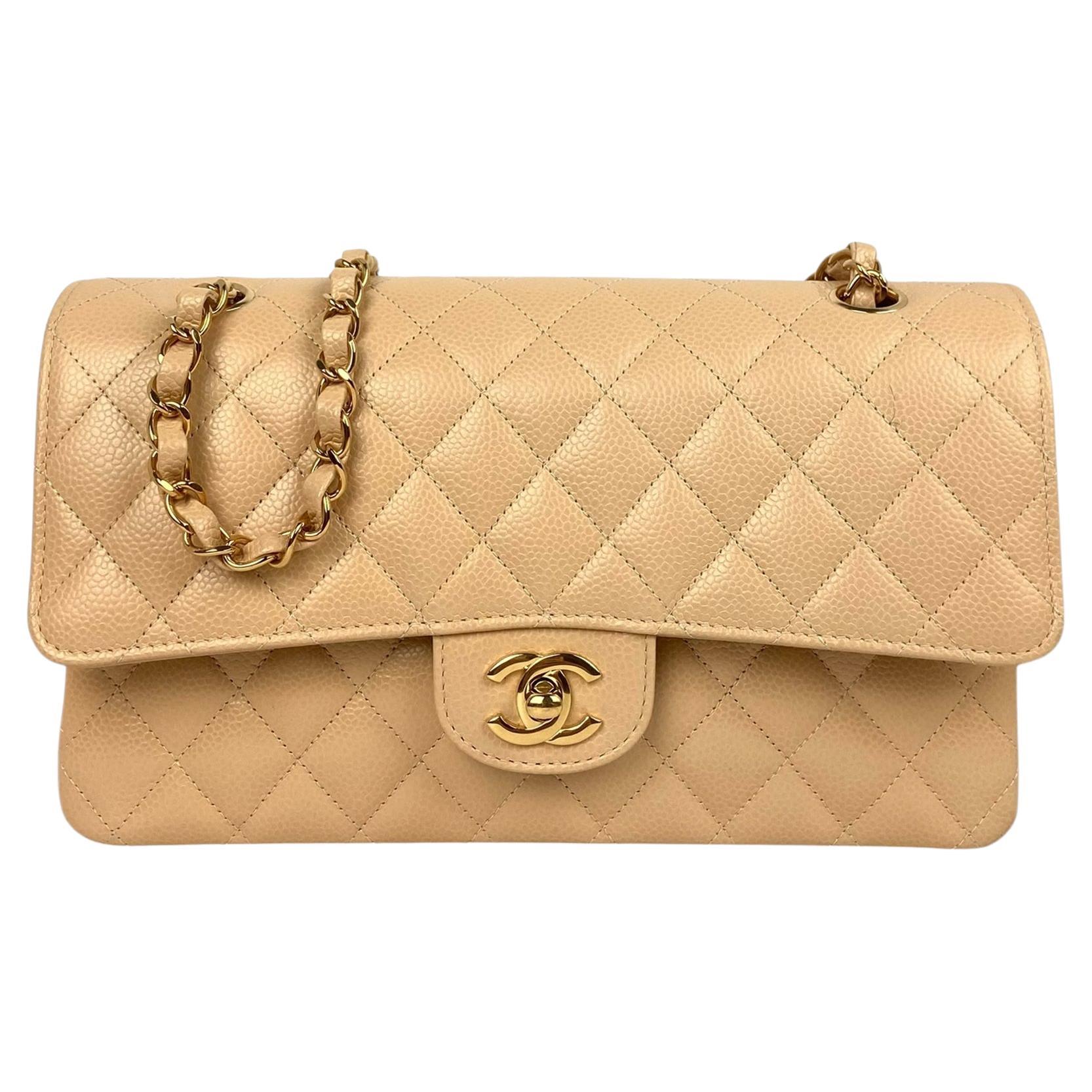 Chanel Beige Caviar Leather 10" Medium Double Flap Classic Bag Goldtone Hardware For Sale