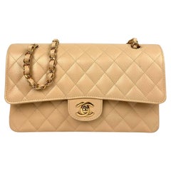 Chanel Beige Caviar Leather 10" Medium Double Flap Classic Bag Goldtone Hardware