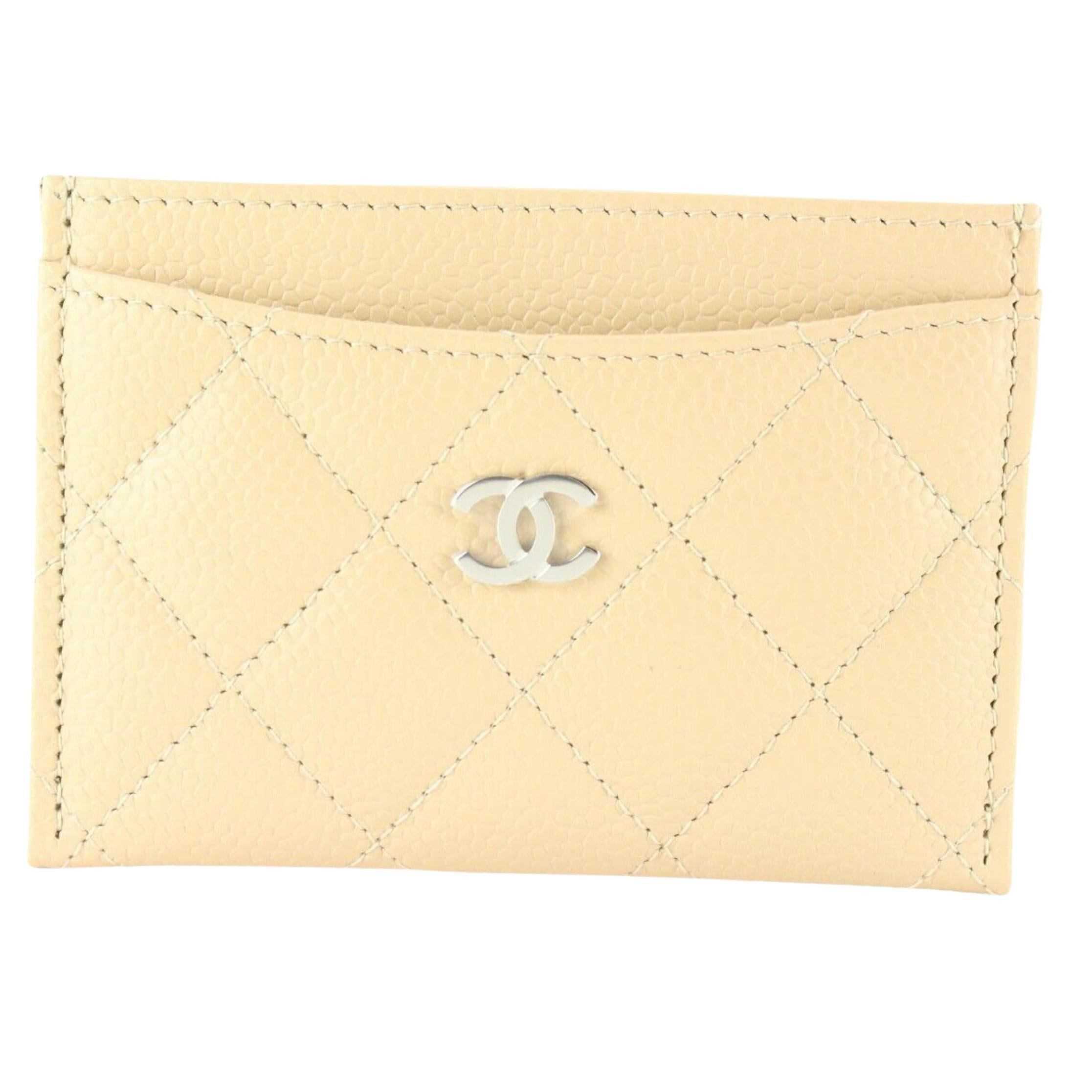 Chanel Beige Caviar Leather Card Holder SHW 1CJ1228 For Sale