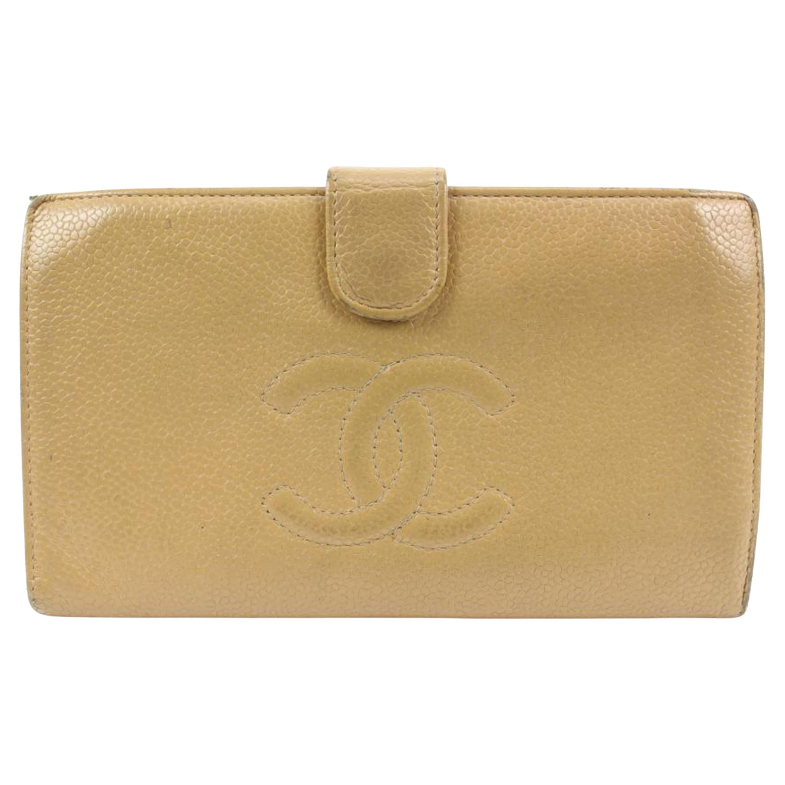 Chanel Beige Caviar Leather CC Logo Long Bifold Flap Wallet 41ck224s