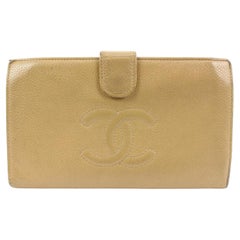 Chanel Beige Caviar Leather CC Logo Long Bifold Flap Wallet 41ck224s