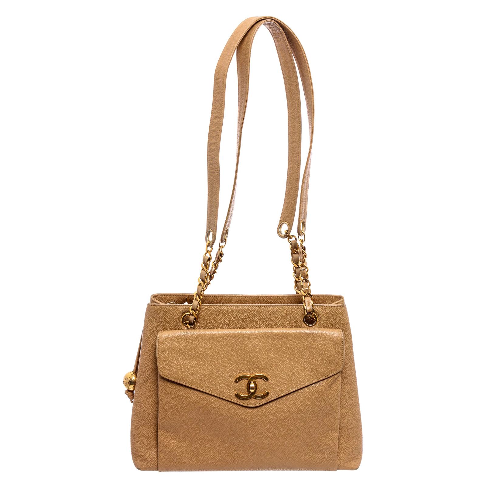 Chanel Beige Caviar Leather Front Pocket CC Chain Tote Bag