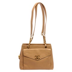 Chanel Beige Caviar Leather Front Pocket CC Chain Tote Bag at 1stDibs