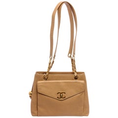 Chanel Beige Caviar Leather Front Pocket CC Chain Tote Bag