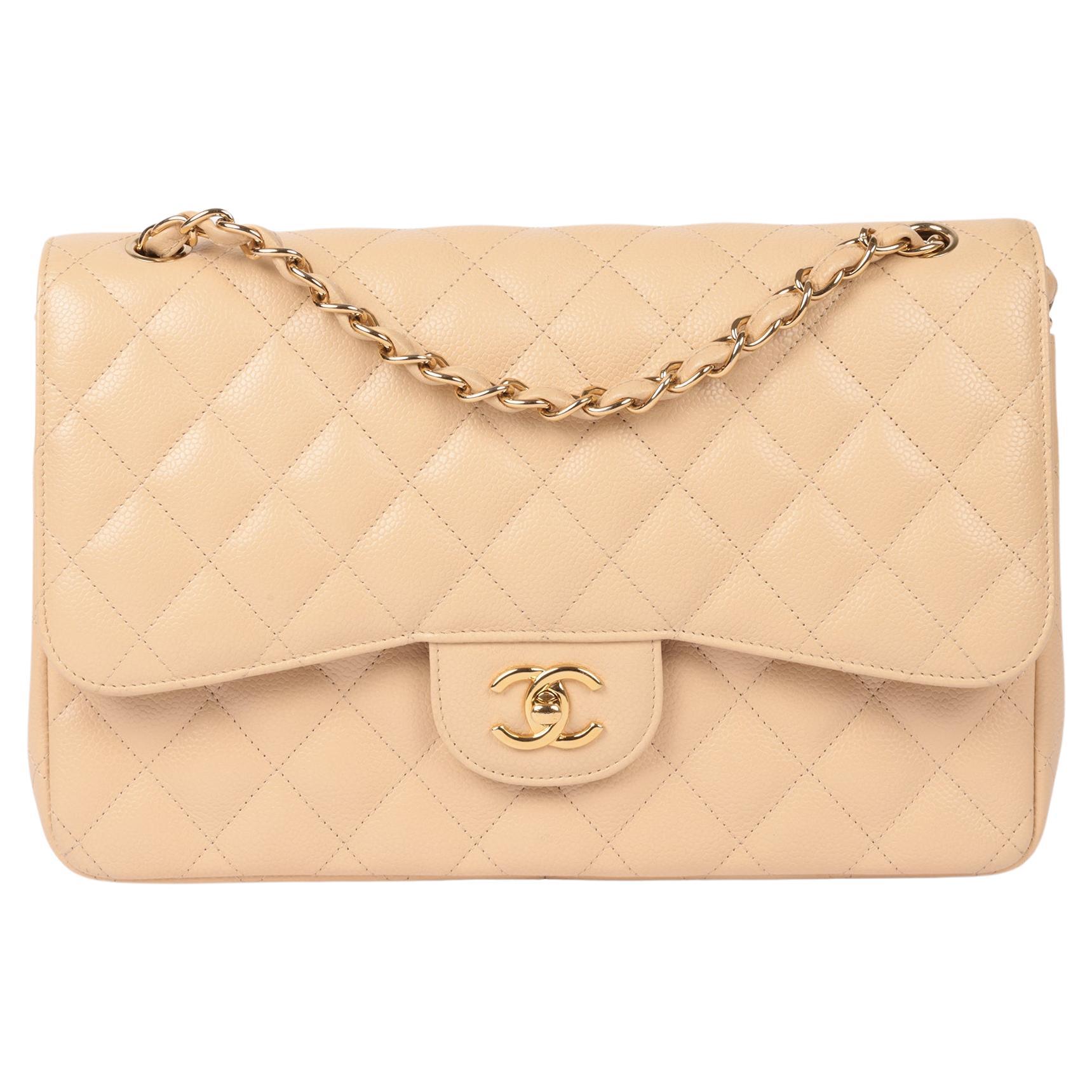 Chanel Bolso Jumbo Classic Doble Solapa Piel Caviar Beige en venta