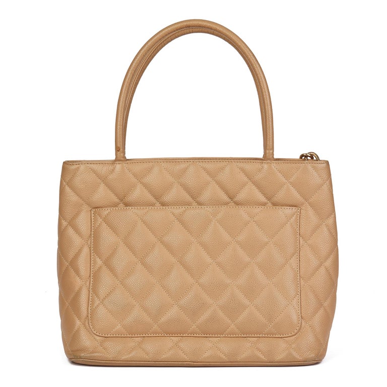 Chanel Quilted Beige Caviar Leather Medallion Tote Bag 90cc89s