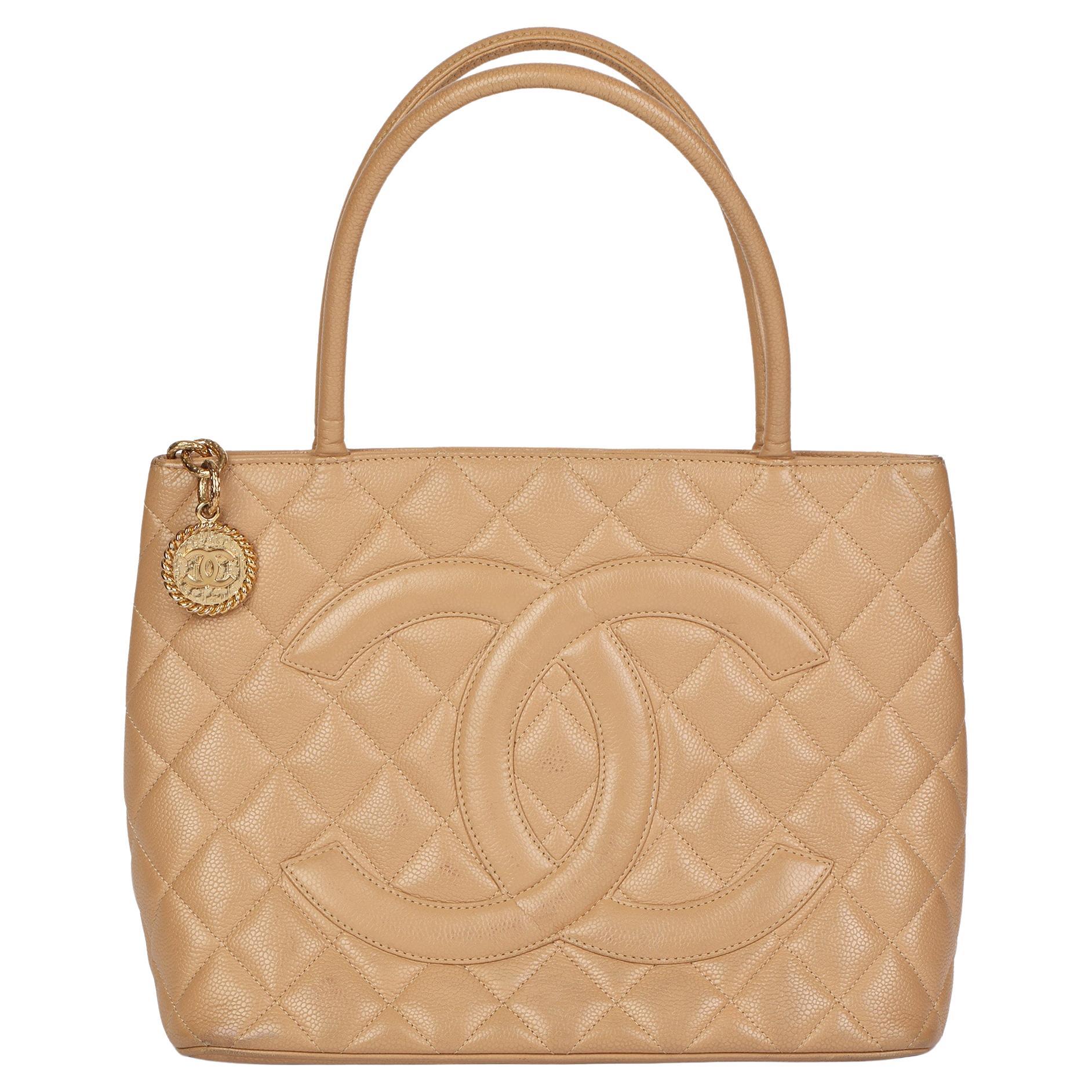 CHANEL Beige Caviar Leather Medallion Tote