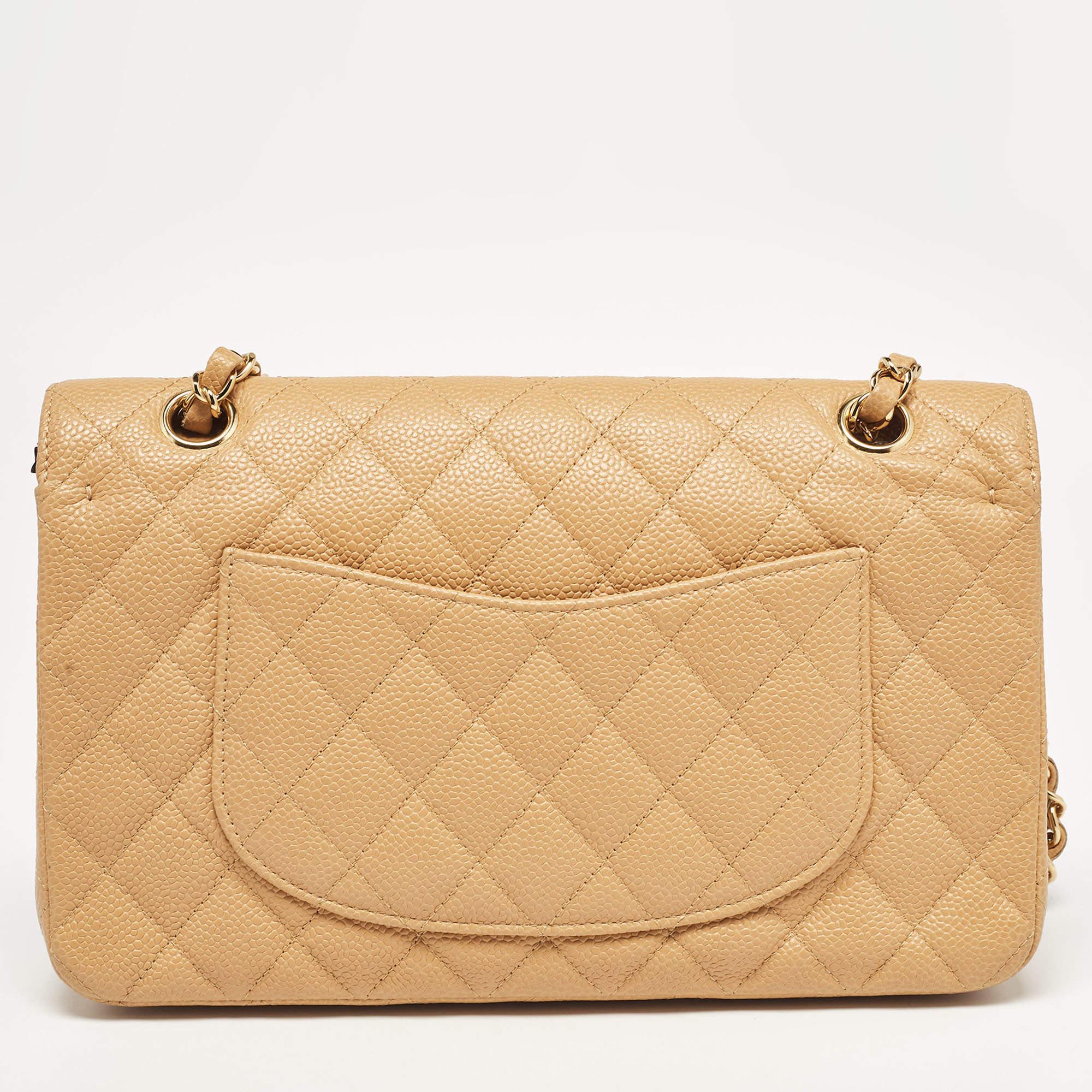 Women's Chanel Beige Caviar Leather Medium Classic Double Flap Bag