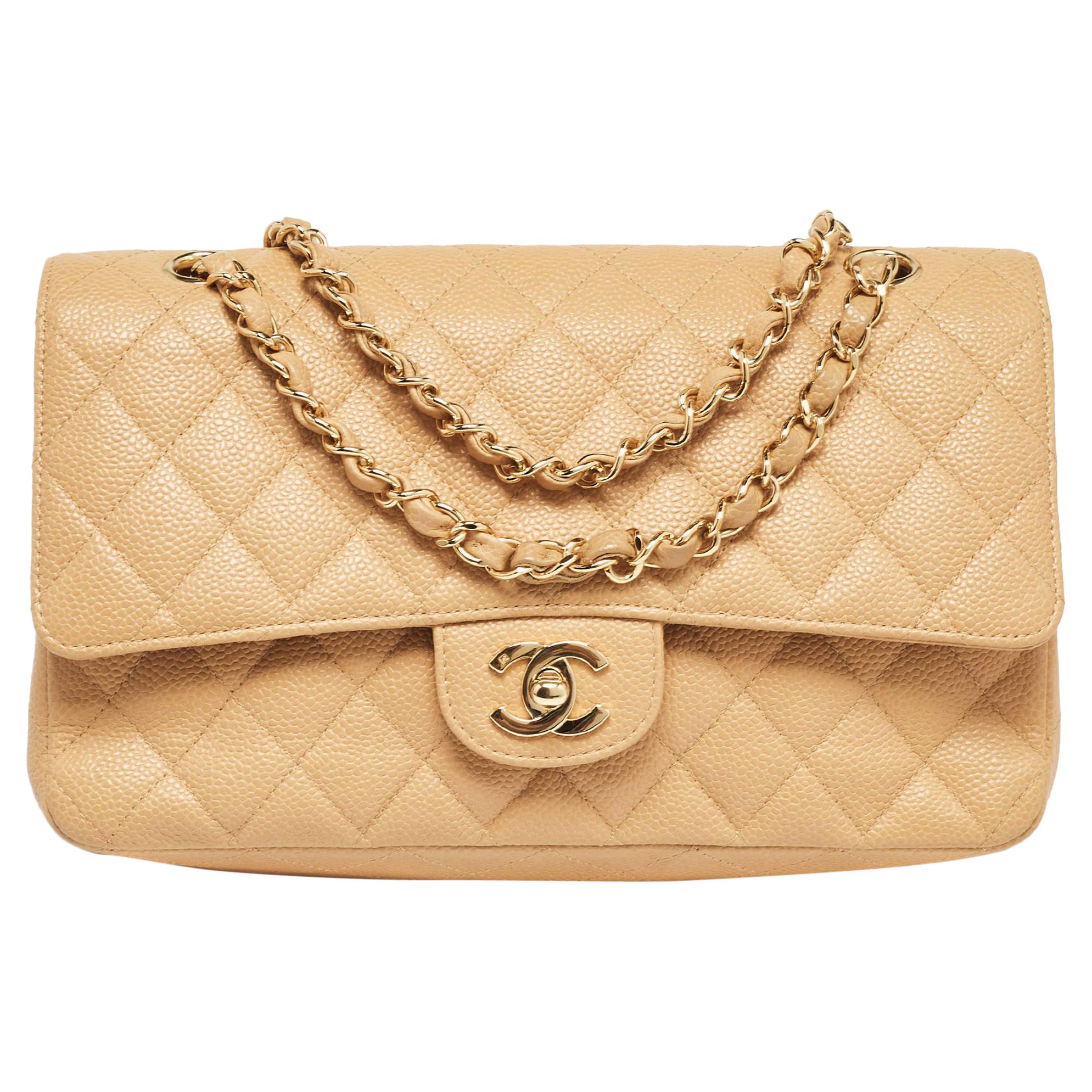 Chanel Beige Caviar Leather Medium Classic Double Flap Bag
