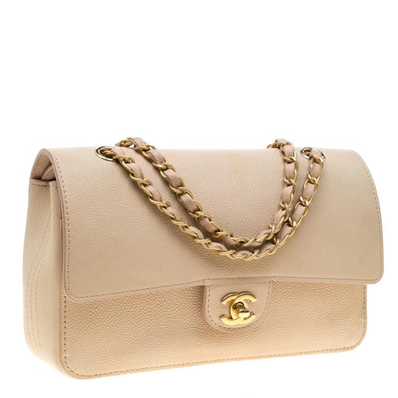 Women's Chanel Beige Caviar Leather Medium Classic Pure Double Flap Bag