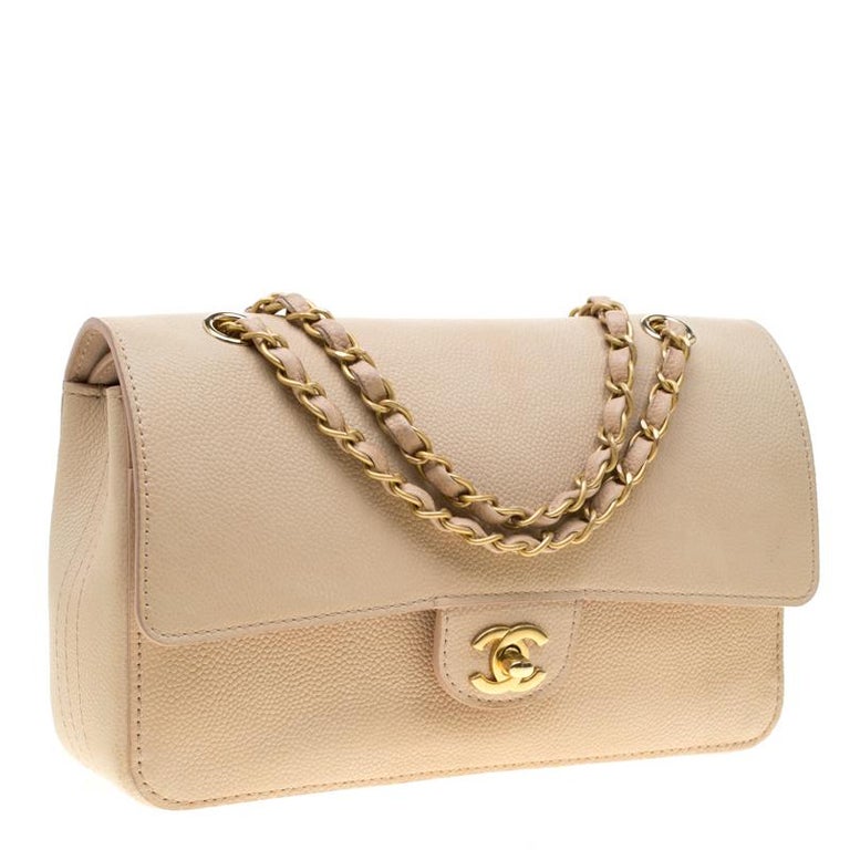 Chanel Beige Caviar Leather Medium Classic Pure Double Flap Bag at
