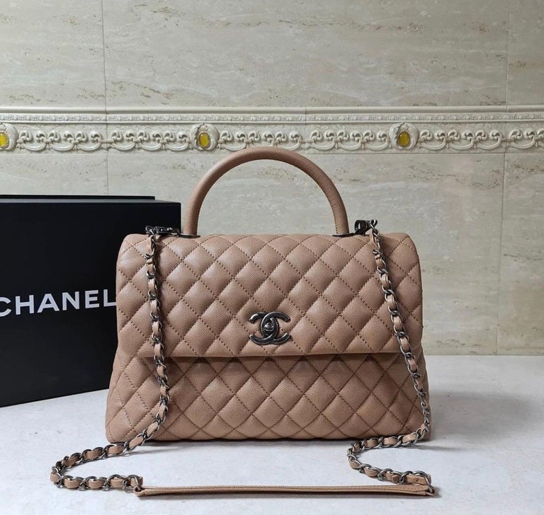 Chanel Beige Caviar Leather Medium Coco Top Handle Bag For Sale at
