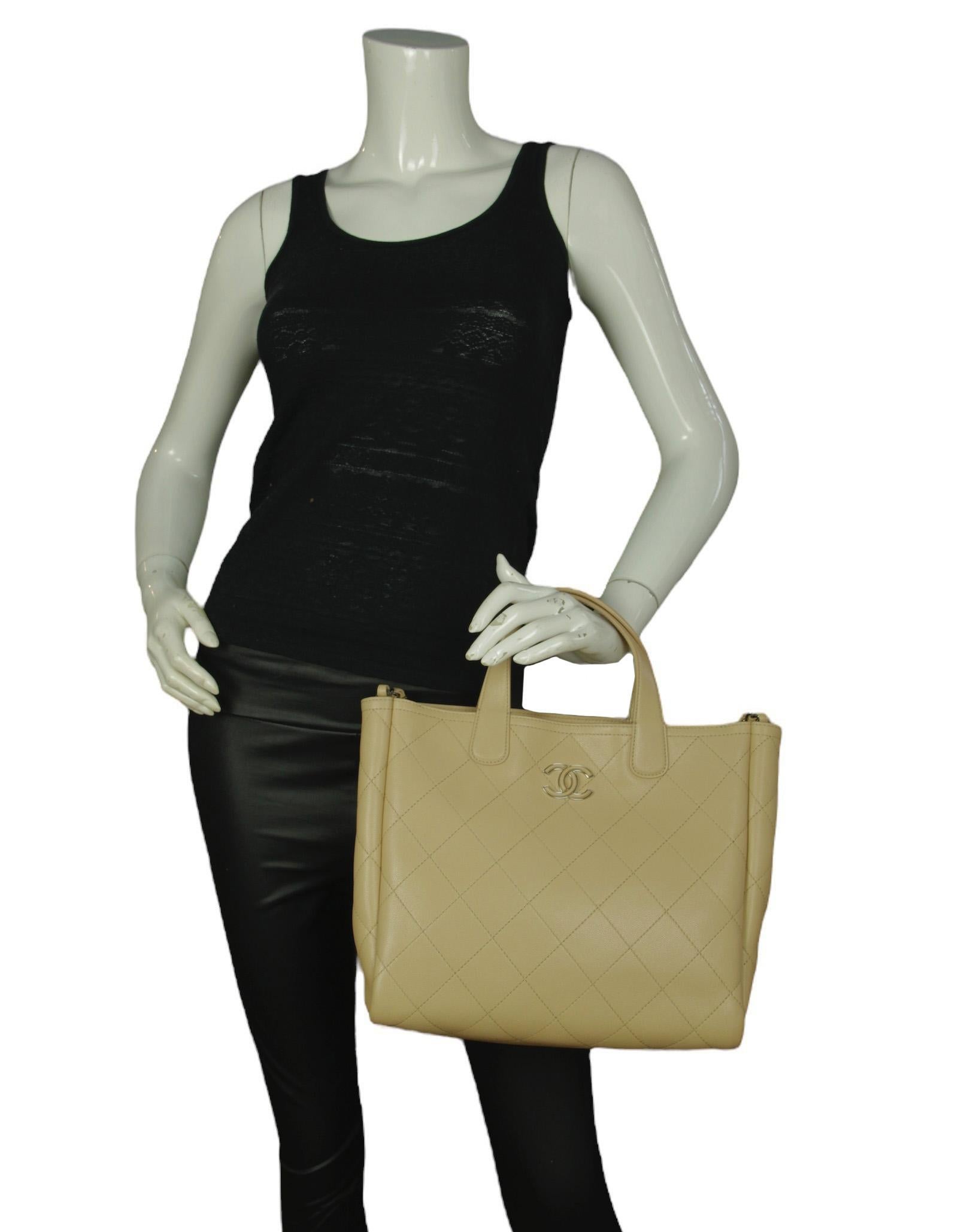 Brown Chanel Beige Caviar Leather Quilted CC Tote Bag w/ Shoulder Strap For Sale