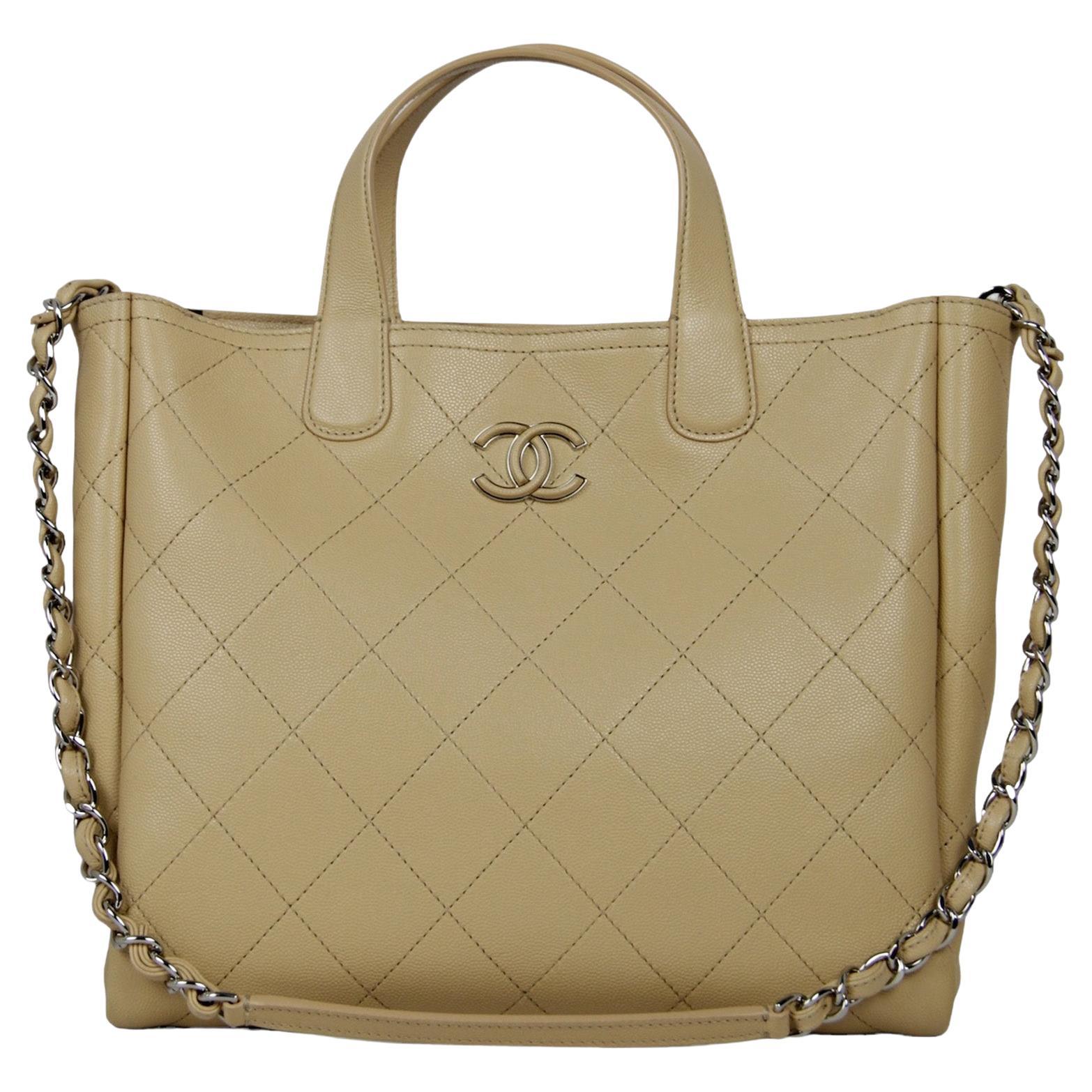Chanel Beige Caviar Leather Quilted CC Tote Bag w/ Shoulder Strap For Sale