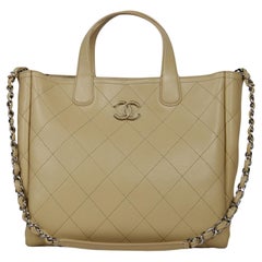 Chanel Beige Caviar Leather Quilted CC Tote Bag w/ Shoulder Strap