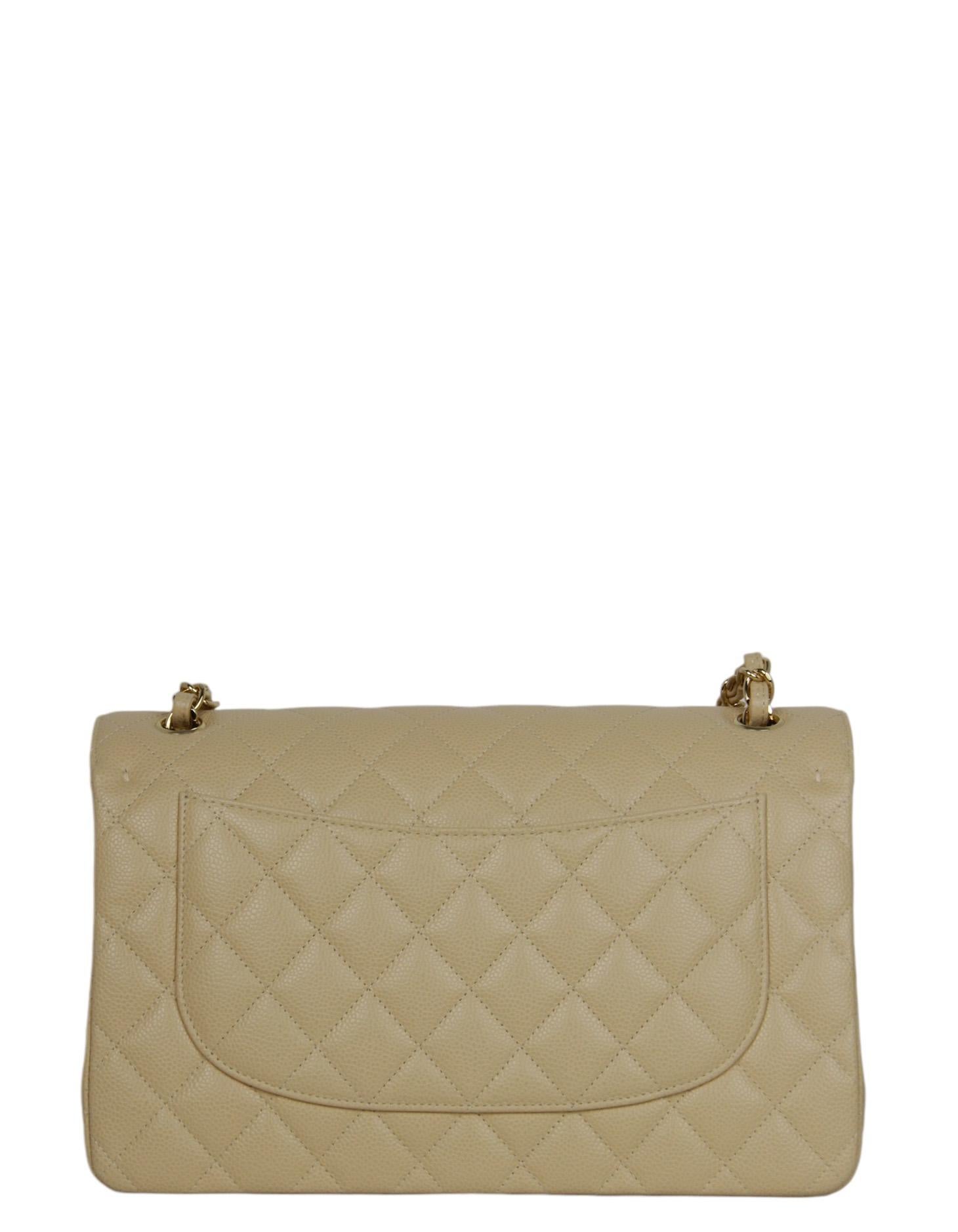 Chanel Beige Caviar Leather Quilted Classic Double Flap Jumbo Bag with GHW In Excellent Condition In New York, NY