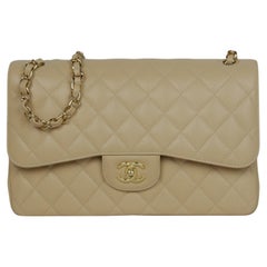 Chanel Beige Caviar Leather Quilted Classic Double Flap Jumbo Bag with GHW