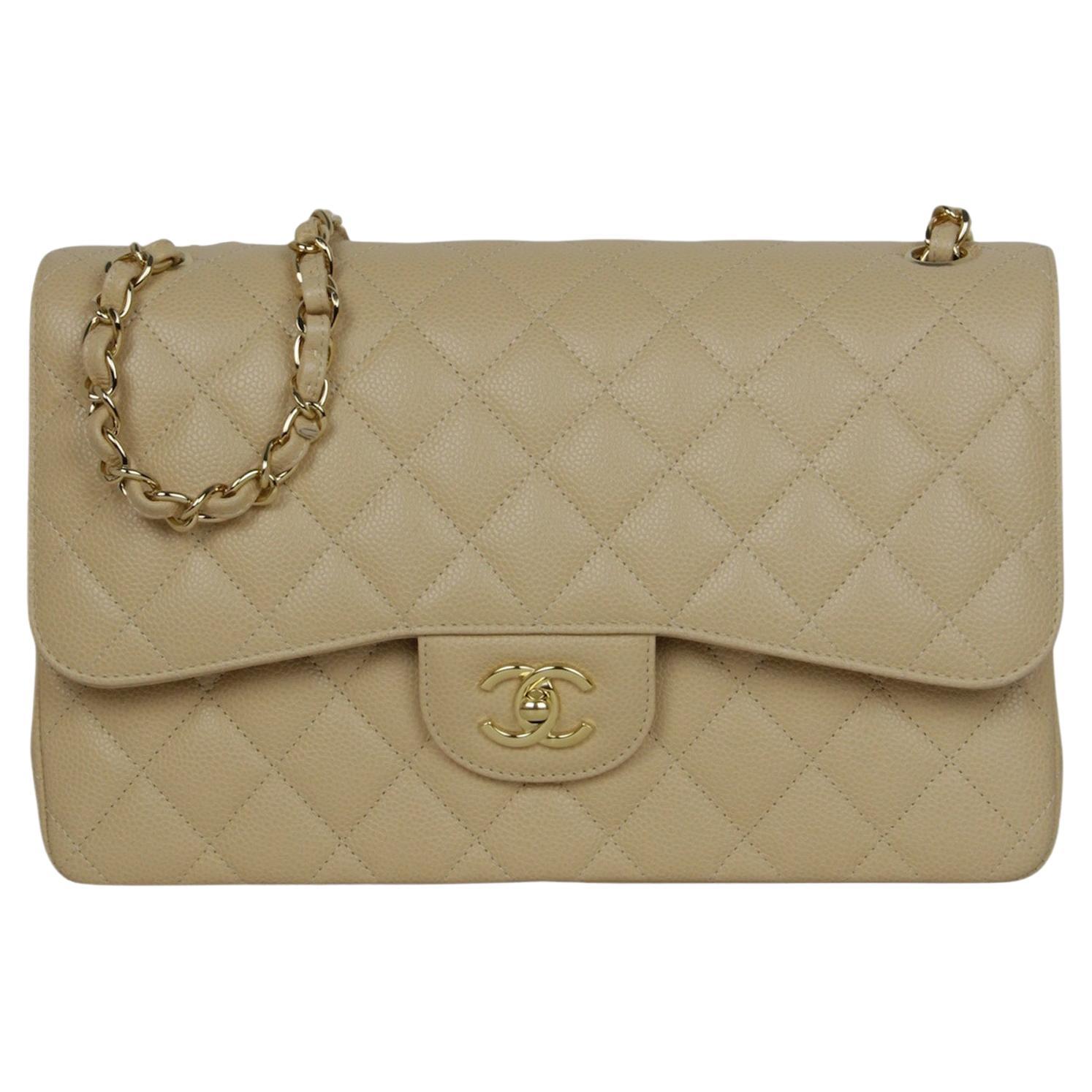 Chanel Beige Caviar Leather Quilted Classic Double Flap Jumbo Bag with GHW