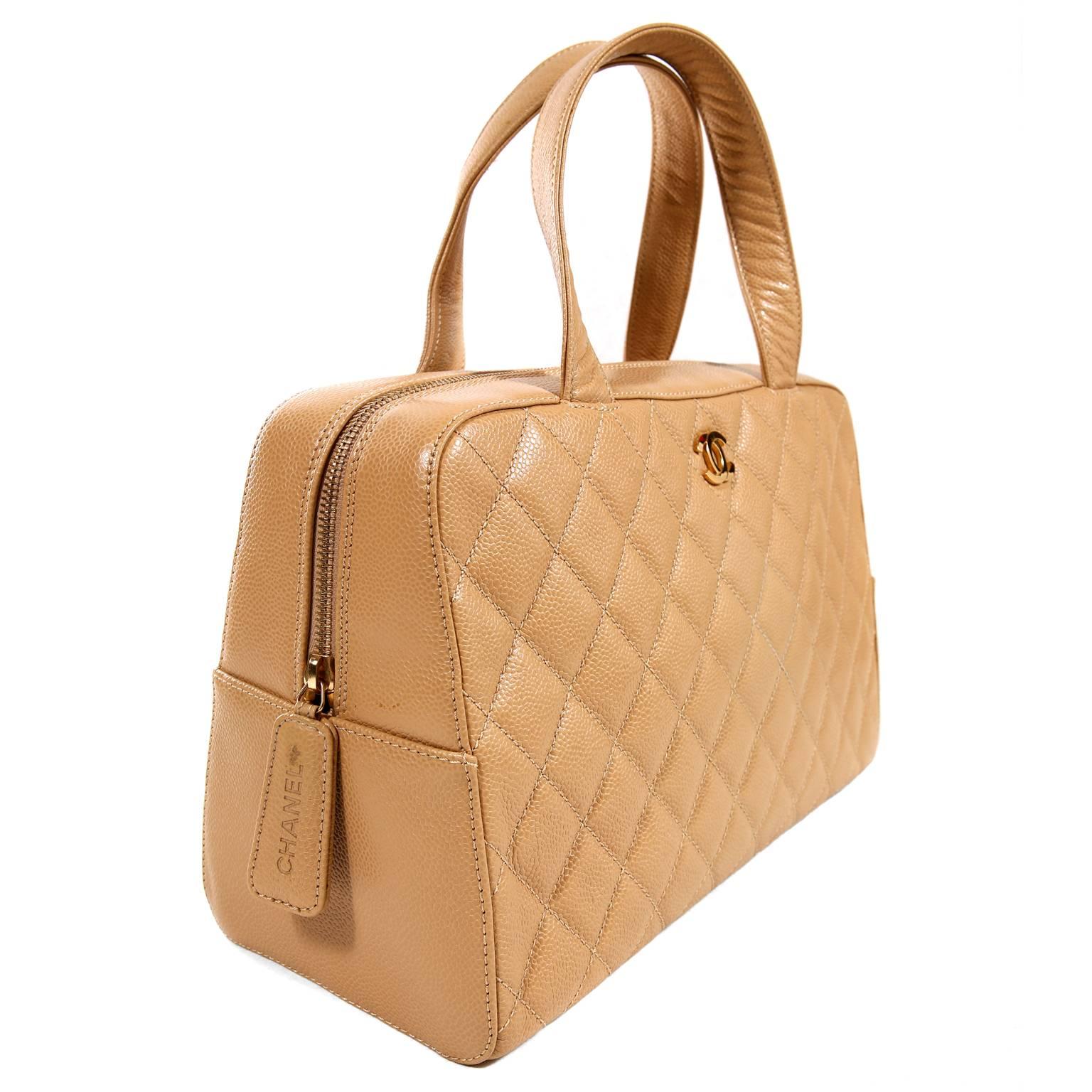 Chanel Beige Caviar Leather Quilted Day Bag Satchel In Excellent Condition In Palm Beach, FL