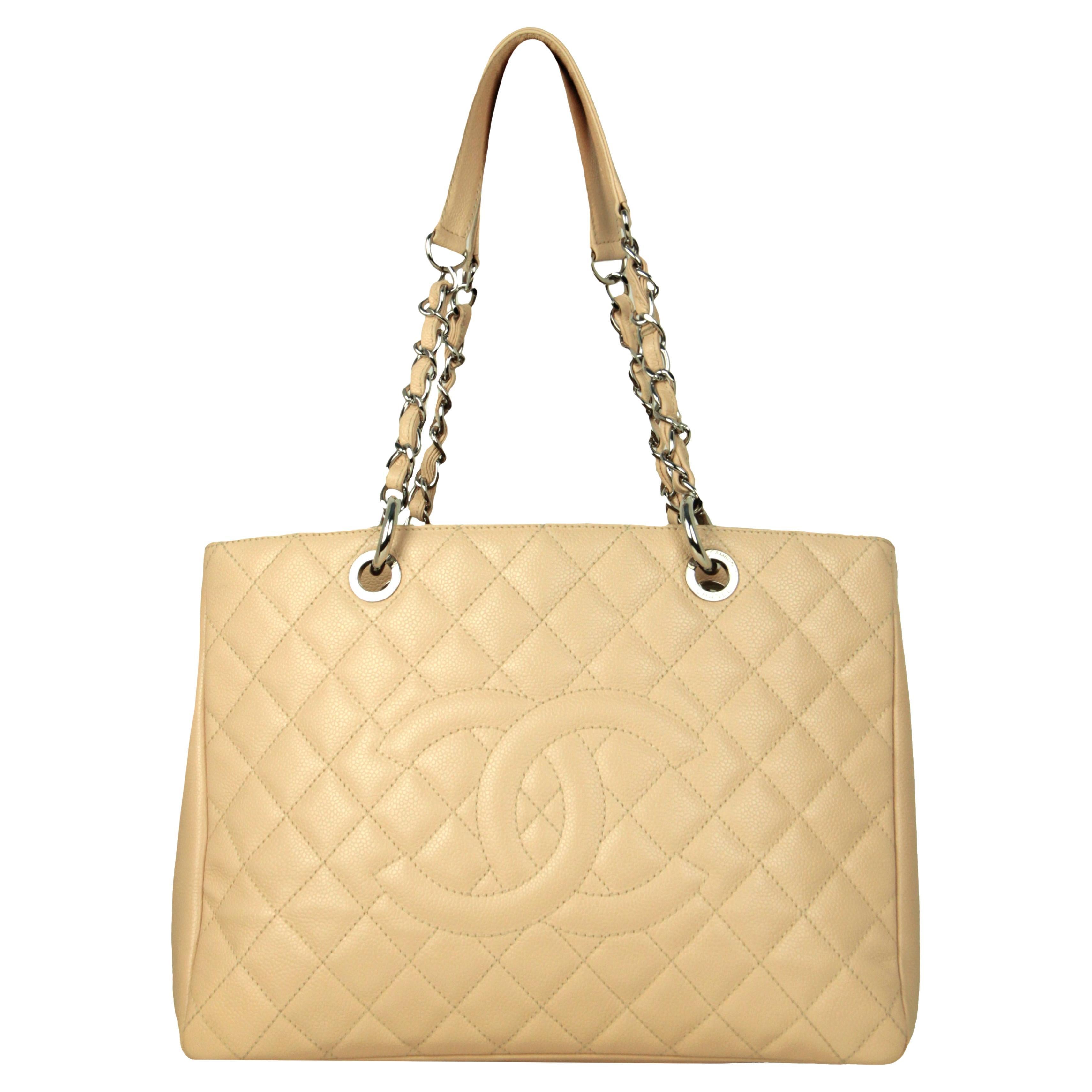 Chanel Beige Caviar Leather Quilted Grand Shopper Tote GST Bag