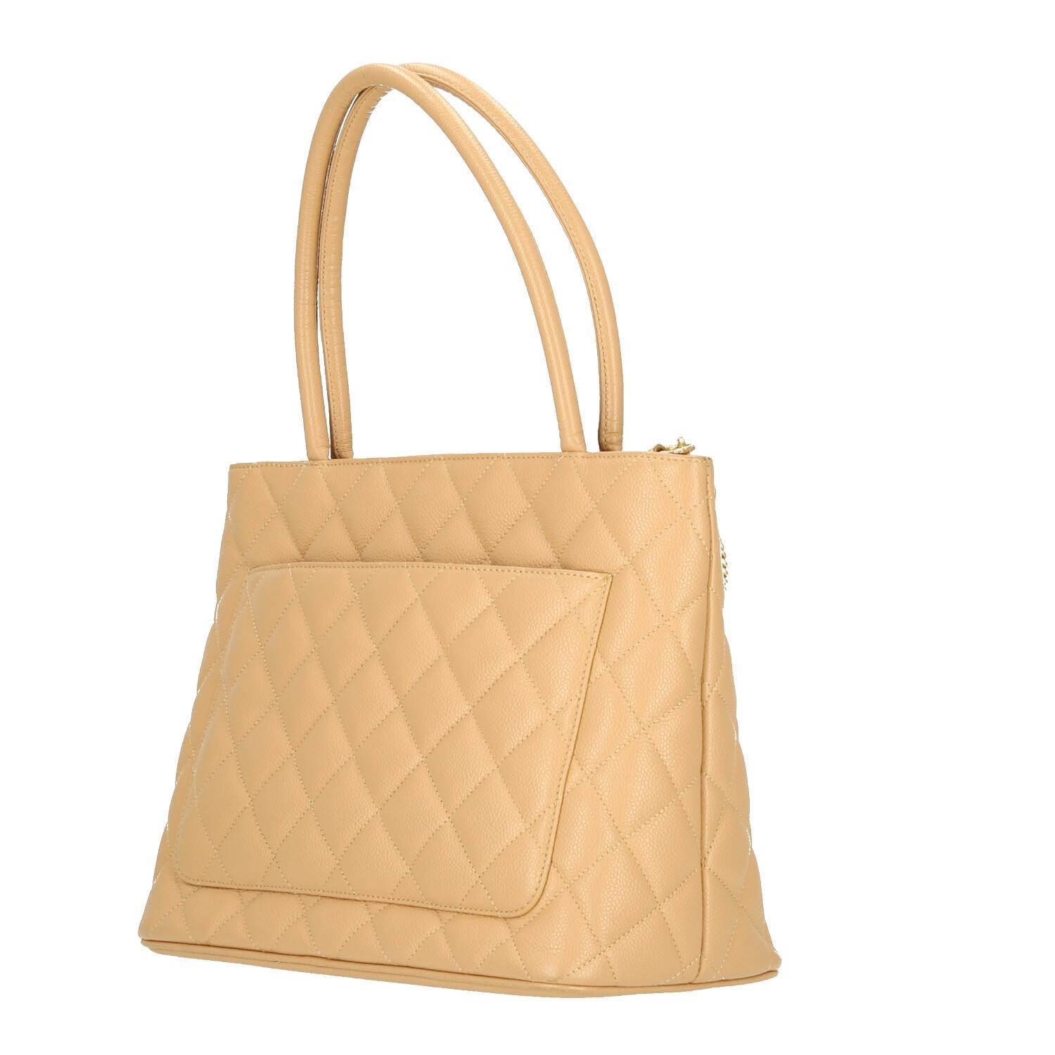 Chanel  Beige Caviar Leather Quilted Medallion  Shoulder Bag In Excellent Condition In New York, NY