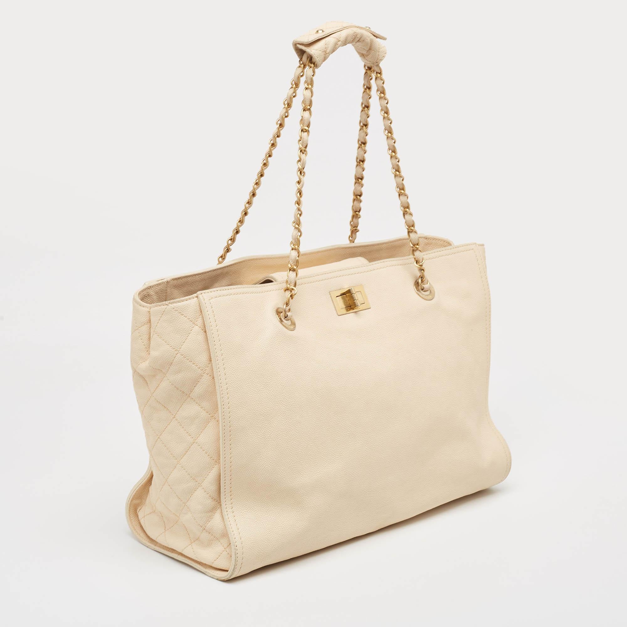 Chanel Beige Caviar Leather Reissue Large Shopper Tote In Good Condition In Dubai, Al Qouz 2