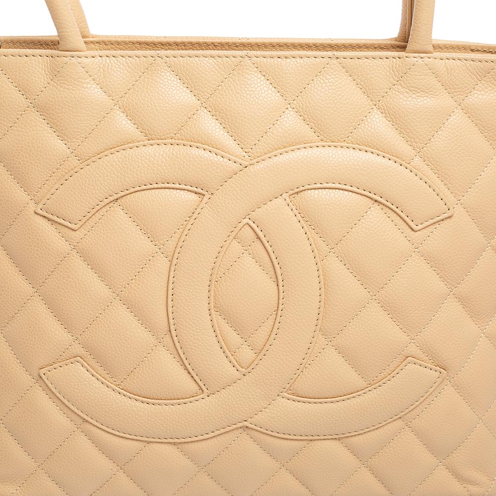 Chanel Beige Caviar Leather Timeless Medallion Tote 4
