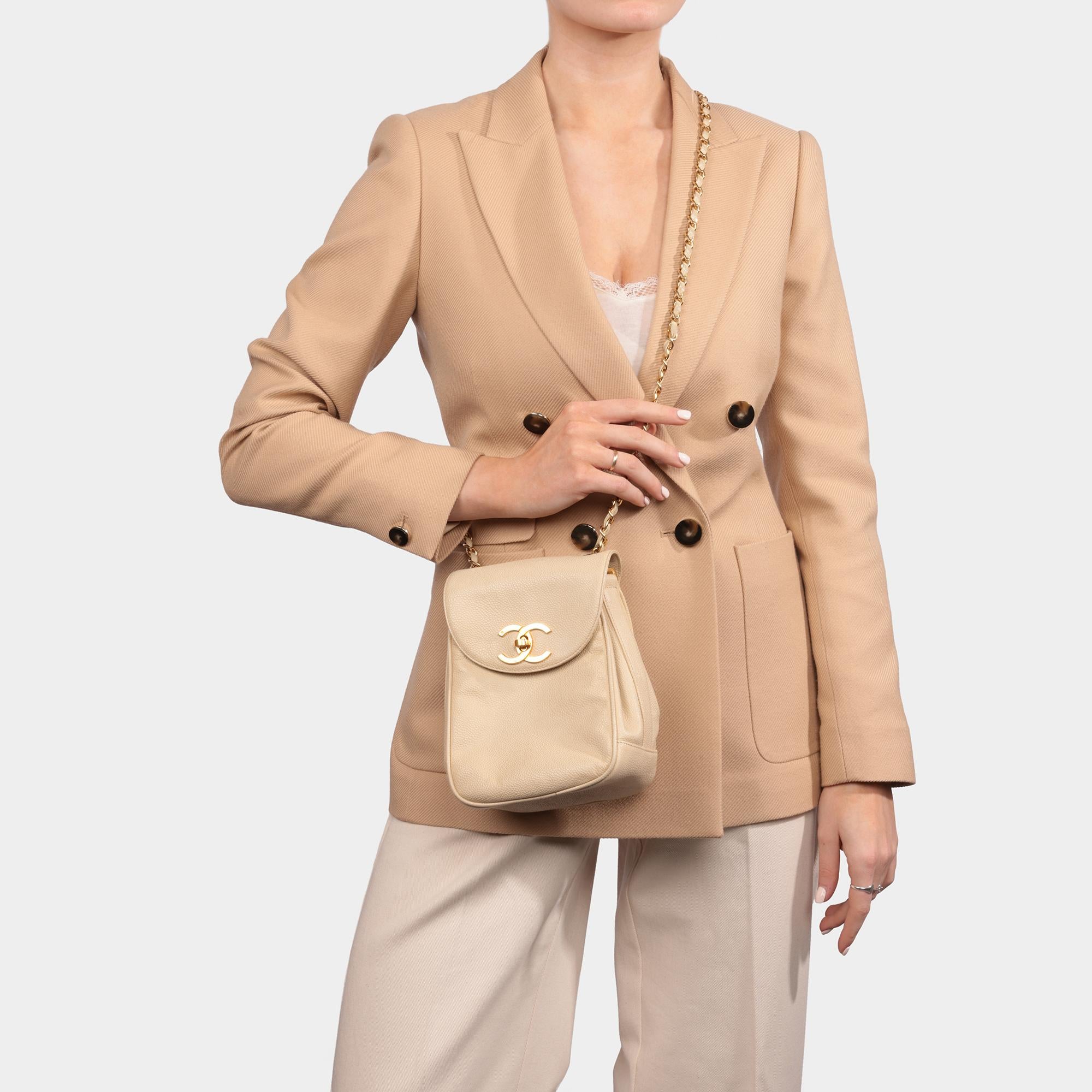 CHANEL Beige Kaviar Leder Vintage XL Classic Einzelne Klappe Tasche im Angebot 8