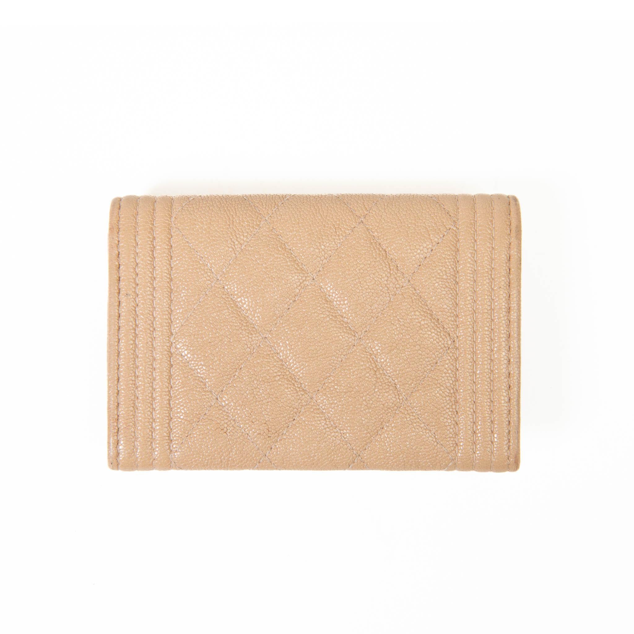 Chanel Beige Caviar Quilted Boy Flap Card Holder Wallet In Excellent Condition In Corona Del Mar, CA