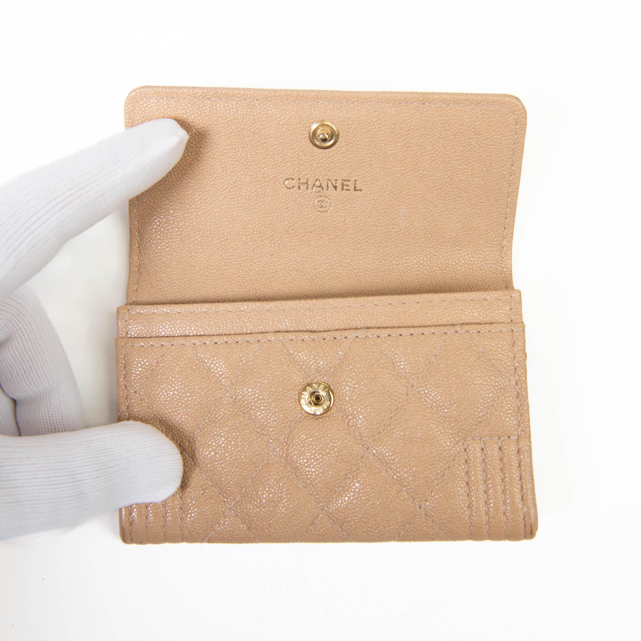Women's or Men's Chanel Beige Caviar Quilted Boy Flap Card Holder Wallet
