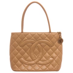 Vintage Chanel Beige Caviar Quilted Leather Medallion Tote Bag 