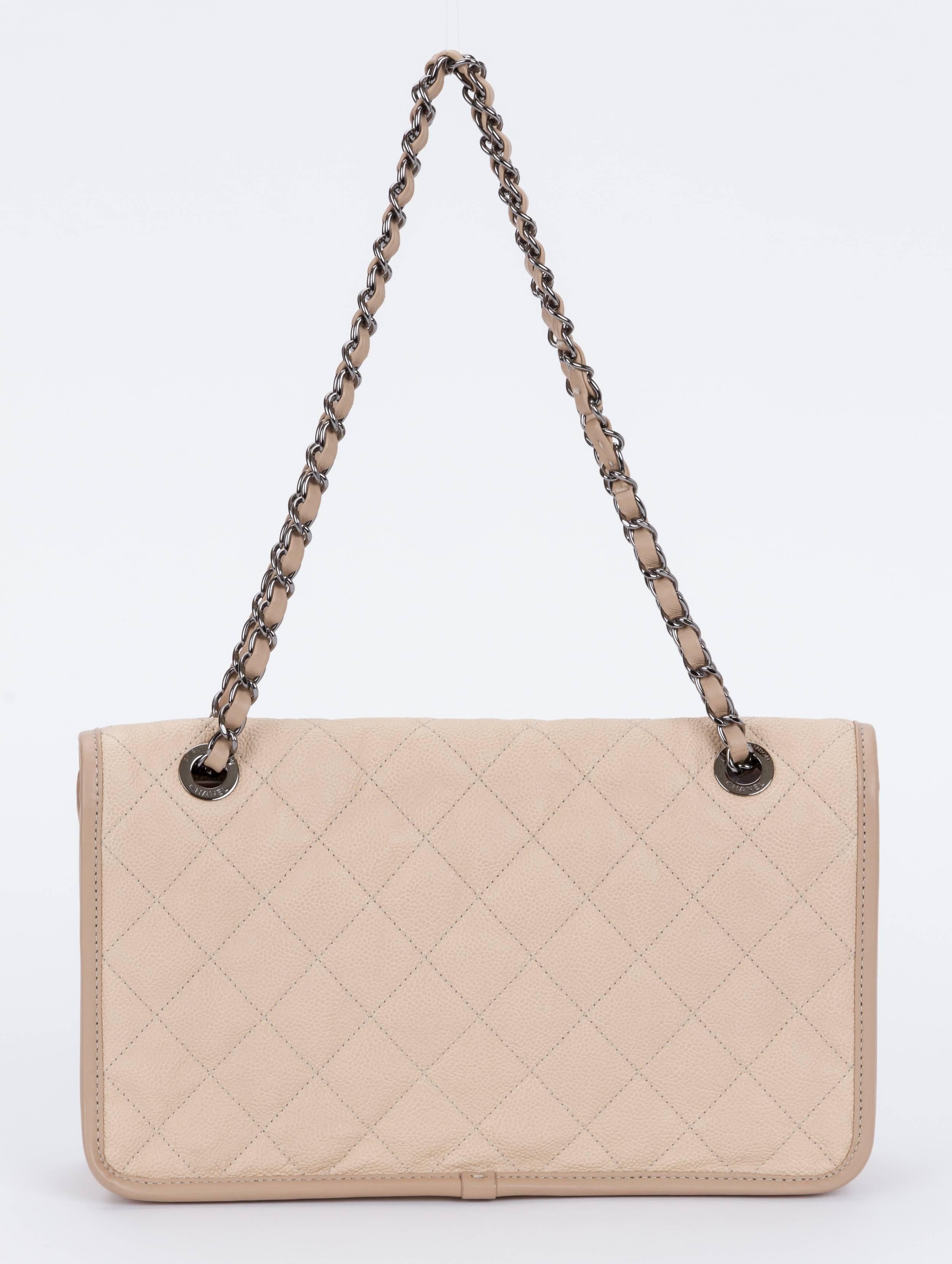 Chanel Beige Caviar Trimmed Jumbo Flap Bag In Excellent Condition In West Hollywood, CA