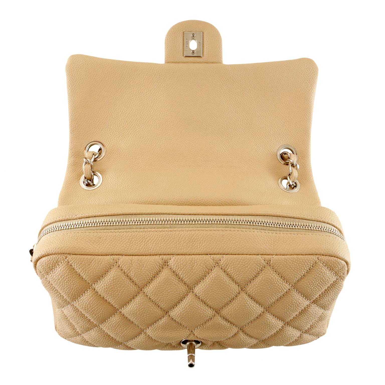 Chanel Beige Caviar Zipper Classic Flap Bag In Excellent Condition In Palm Beach, FL