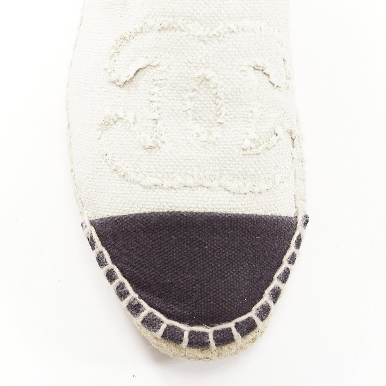 CHANEL beige CC logo fray edge canvas black toe cap espadrille shoes EU38 2