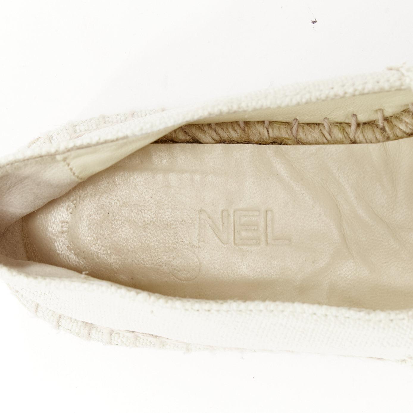 CHANEL beige CC logo fray edge canvas black toe cap espadrille shoes EU38 5