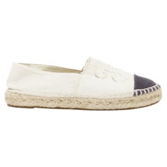 CHANEL beige CC logo fray edge canvas black toe cap espadrille shoes EU38