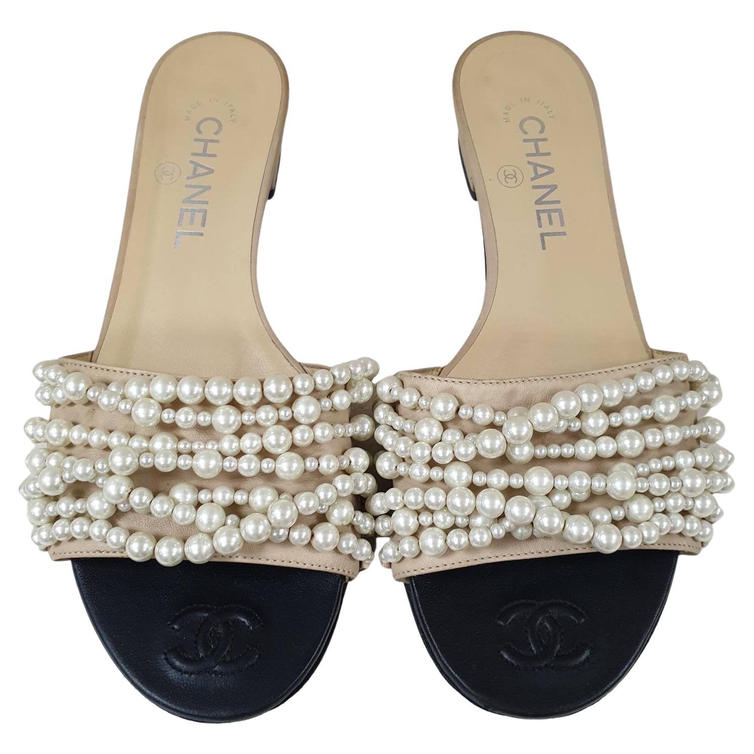 Chanel Beige CC Logo Pearl Mule Sandals Flip Flops