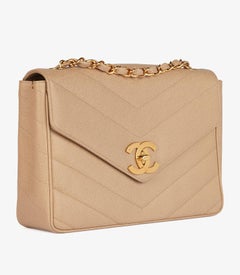 Chanel Beige Chevron Caviar Leather Jumbo XL Envelope Classic Single Flap Bag