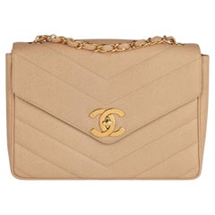 Chanel Beige Chevron Caviar Leather Jumbo XL Envelope Classic Single Flap Bag
