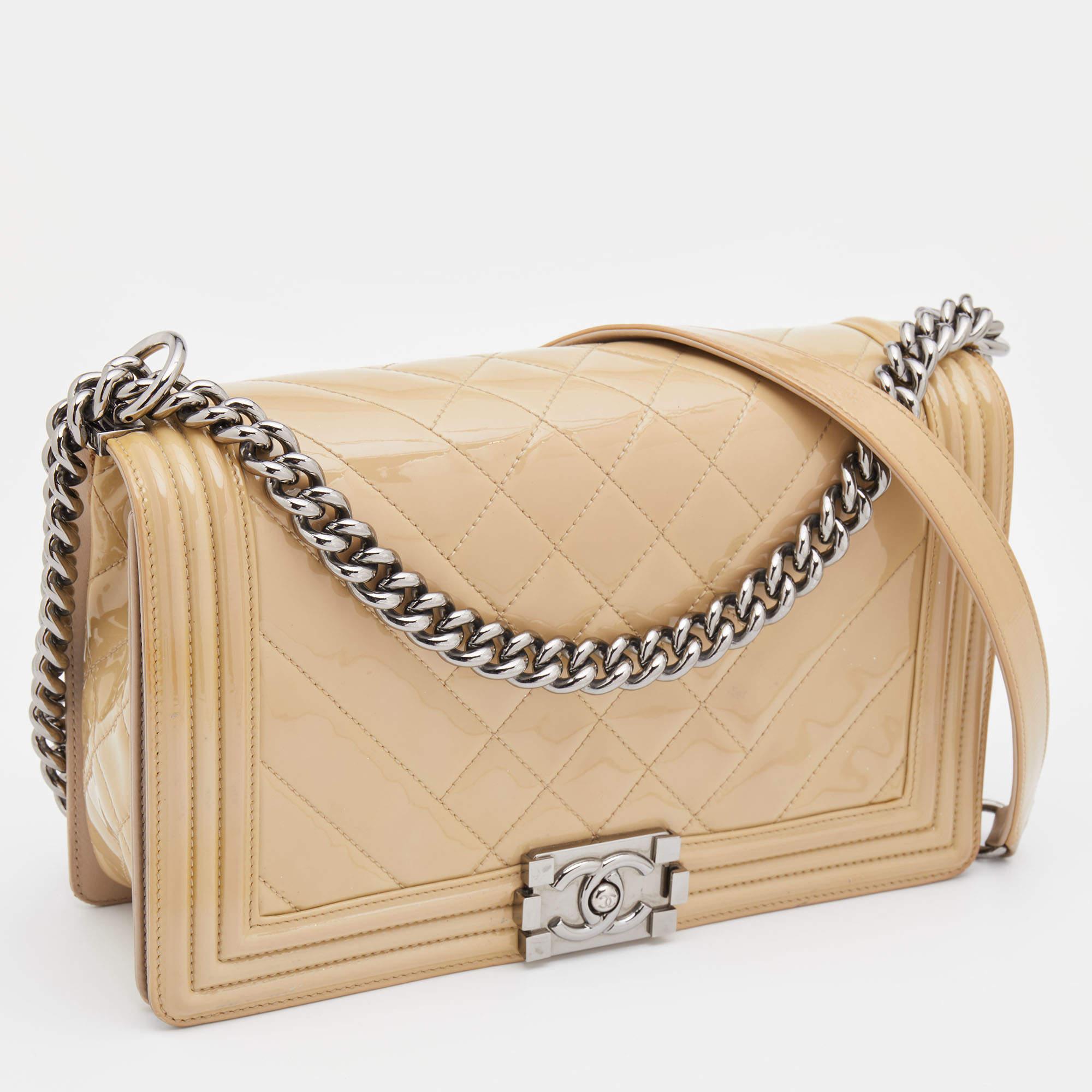 Men's Chanel Beige Chevron Patent Leather New Medium Boy Flap Bag