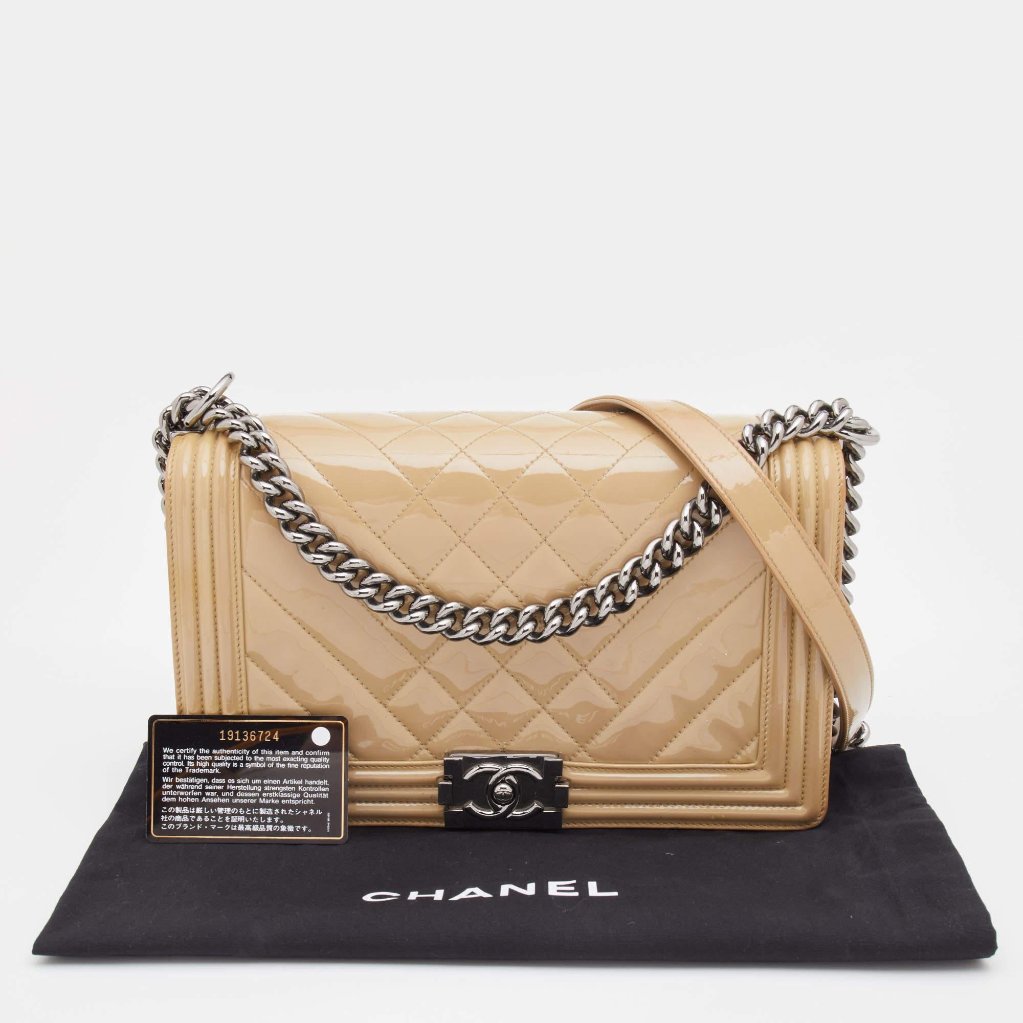 Chanel Beige Chevron Patent Leather New Medium Boy Flap Bag 3