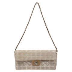 Chanel Beige Chocolate Bar Quilted Fabric CC East West Flap Bag