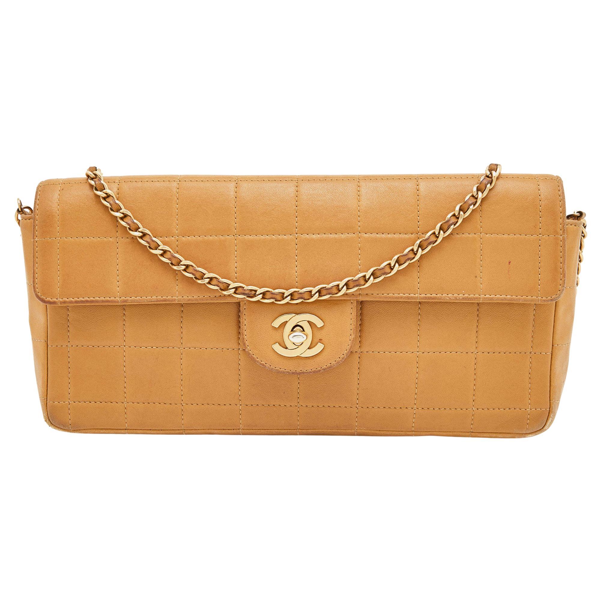 Chanel Beige Chocolate Bar Quilted Leather East West Flap Bag