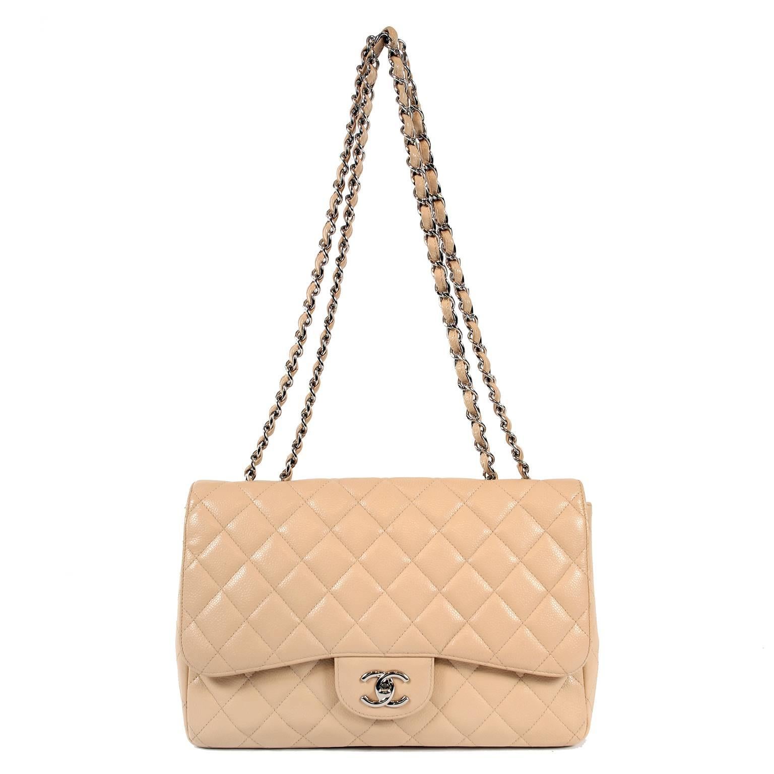 Chanel Beige Clair Caviar Leather Jumbo Classic Flap Bag with Silver HW 11