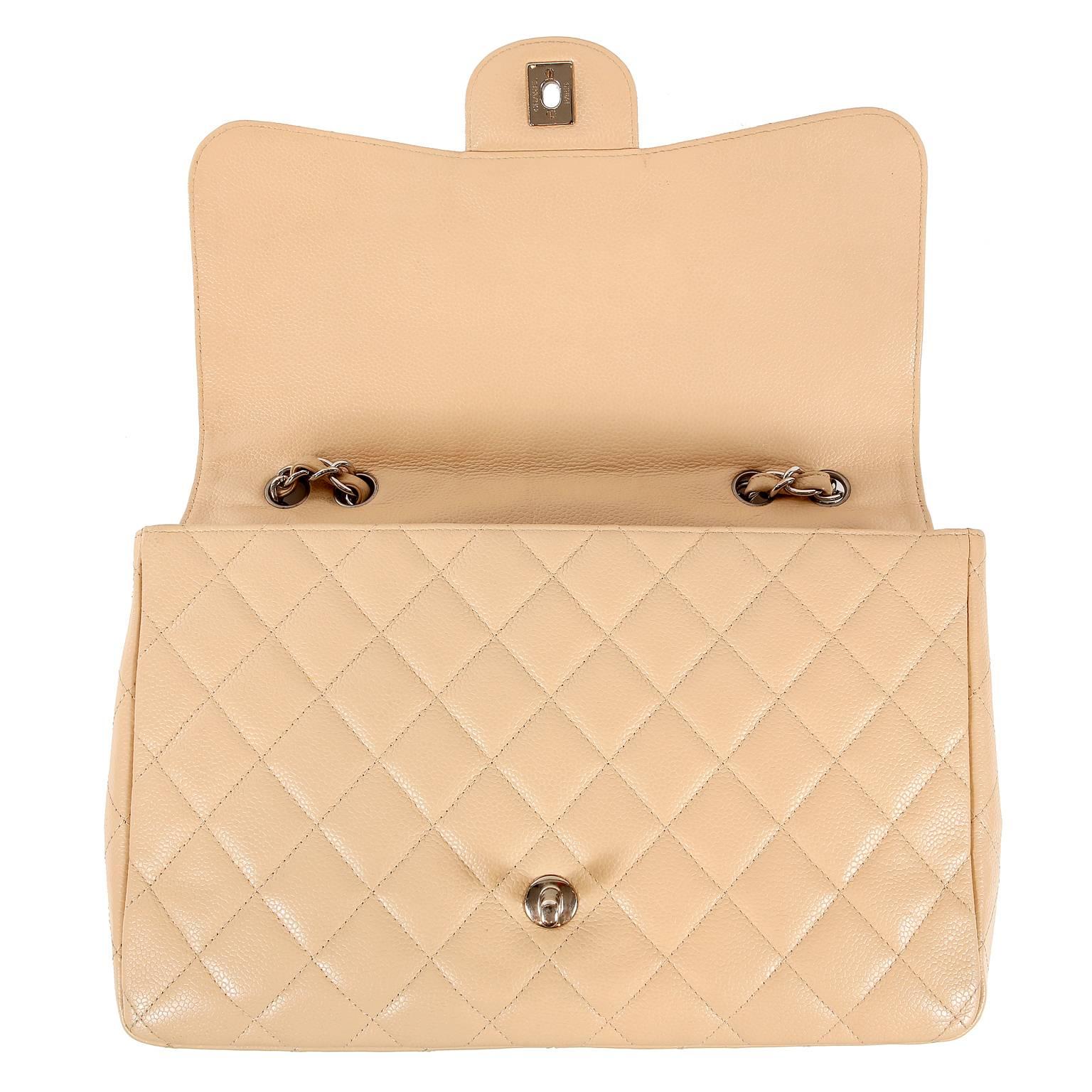 Chanel Beige Clair Caviar Leather Jumbo Classic Flap Bag with Silver HW 5